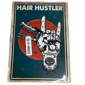 VINTAGE Vibe NWT Hair Hustler Metal Tin Sign Tatoo Hand Design Scissors Comb